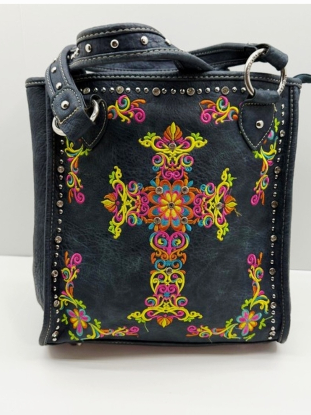 Montana West Navy Floral Cross Tote with Stud Accents GUC Cast And Carry Bag.